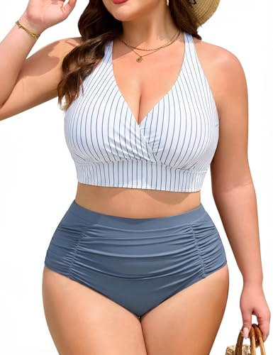 Nadeer Plus Size Zweiteiliger Bauchweg Bikini Damen Set GerÜScht Push Up High Waist Bademode Gekreuzter RÜCken Swimsuit(XL,Blau-weiße Streifen)
