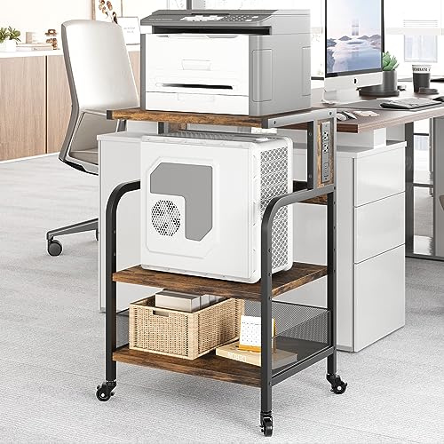 3-Tier Printer Stand with Outlets and Charing Station, Rolling Printer Cart with Adjustable Shelf for Home Office, Multifunctional Printer Table On Wheels for Heat Press,Files,Copier Machine,Brown