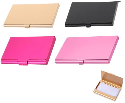 BOFYTR 4-Piece Business Card Holders Set (Black, Rose Red, Pink, Gold) | 9x7cm Pocket Business Card Case for Men and Women, Slim Metal Card Wallet