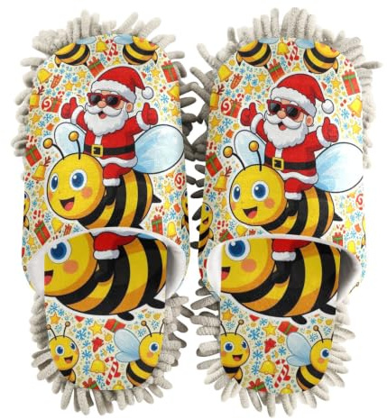 EtherSpher Mikrofaser-Wischmopp-Hausschuhe für Bodenreinigung, Schuhe für Küche, Hausreinigung, Weihnachtsmann Reitet auf Biene Weihnachtsbiene Kostüm für Kinder Jungen Herren 00003, Weihnachtsmann
