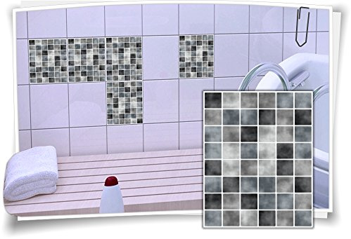 Medianlux Fliesen-Aufkleber Fliesen-Bild Fliesen-Imitat Mosaik Grau Bad WC Deko Dekor Badezimmer Kachel Folie Digitaldruck, 12 Stück, 20x25cm