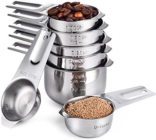 U-Taste Messbecher und Löffel mit Waage, 18/8 Edelstahl, 7 Stück, Silber | Breiter Griff zum Backen Kochen Küche für Trockene und Flüssige Zutaten, 30ml 60ml 80ml 120ml 160ml 180ml 240ml