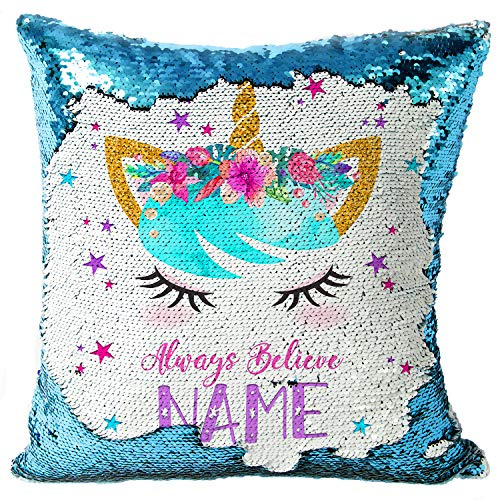 KRAFTYGIFTS Personalised UNICORN Magic Reveal Sequin Cushion Cover Mermaid Case BLUE KC55