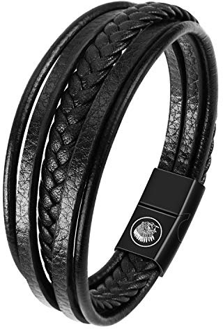 Casisto.J Lederarmband Herren Armband Herren Männer Leder Edelstahl Gravur Schwarz Braun Geflochten mit Magnet Verschluss