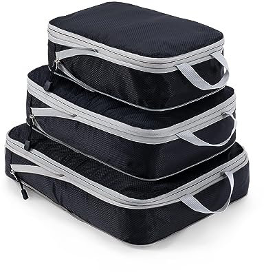 Meowoo 3-teiliges Kompressions-Packwürfel Set - Compression Packing Cubes - Wasserdichter Kofferorganizer mit Reißverschluss (XL, L, M) - Platzsparend für Handgepäck & Koffer (Schwarz)