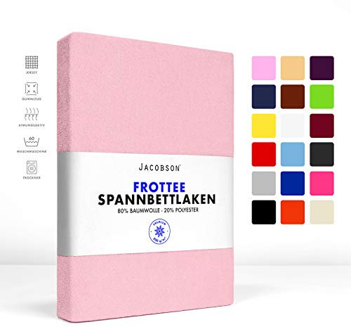 Jacobson Premium FROTTEE Spannbettlaken Spannbetttuch Bettlaken Baumwolle ca. 200g/m² (180-200x220cm + 40cm, Rosa)