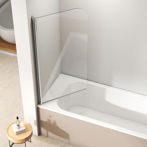 EMKE Badewannen Duschwand, 1-teilig Faltbar, 80 x 140 cm | 6mm NANO-Glas, 180 Grad Faltwand, pflegeleicht, Aluminiumrahmen, Duschtrennwand und Duschabtrennung fuer Badewannenaufsatz