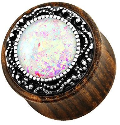 Taffstyle Ohr Plug Flesh Tunnel Piercing Ohrpiercing Organischer Holz Tribal mit Opal oder Perle Weiß 10mm Weiß