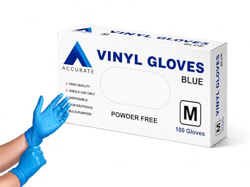 ACCURATE pack of 100 Disposable Vinyl Gloves/Powder Free/Extra Strong/multi-Purpose use Colour - Blue (MEDIUM)
