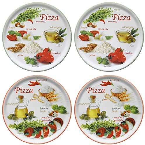 MamboCat Set di 4 piatti da pizza Napoli Green & Red I Ø 33,8 cm – Grande I 4 persone I Piatto con 2 diversi motivi I Decorato I per pizza o per la tavola I Porcellana