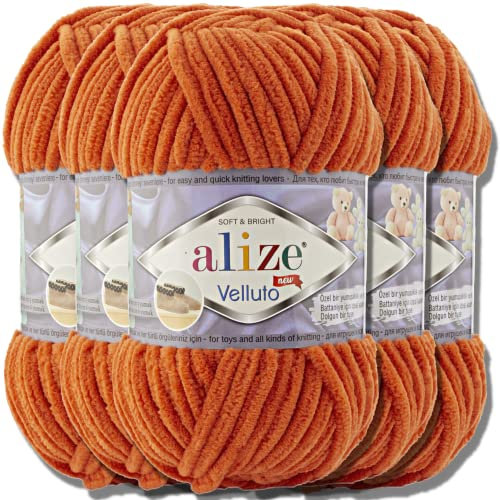 Hobby YARN Alize Velluto 5x 100g Türkische Strickwolle super Bulky Wolle zum Häkeln Uni Farbe Babywolle Flauschgarn Filzwolle Kuschelwolle (Orange | 6)