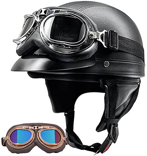 Rétro Jet Casque Moto Bols, Casques Homologué ECE Avec Visière UV Lunettes Casque De Moto Cuir Style De Vintage Demi Casque Pour Scooter Bike Cruiser Chopper Moped F,54-62CM