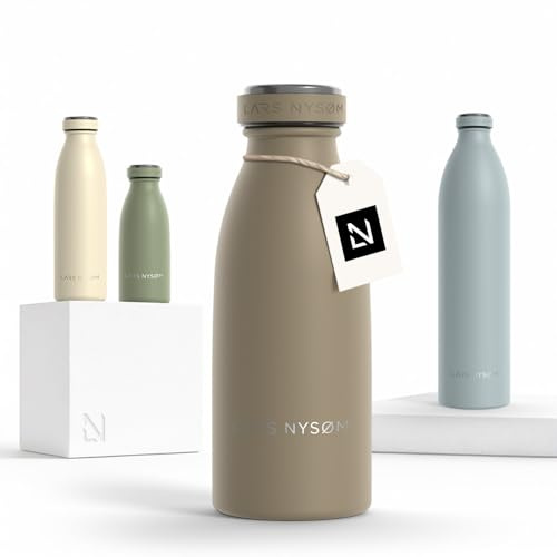 LARS NYSØM rostfri vattenflaska 350ml, 500ml, 750ml, 1L, 1,5 liter | Termosflaska lämplig för kolsyrat | Läcksäker vattenflaska för sport, utomhus (Taupe Brown, 350ml)