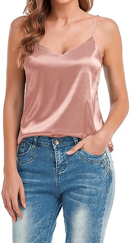 VIDUSSA Débardeur Femme Chic et élégant Col V Sangle Spaghetti Hauts Satin sans Manche Camisole Tops Shirt Rose M