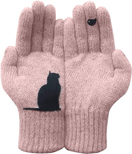 LUCKKY Stehaufe Handschuhe aus Baumwolle im Katzenstil,Warme Strickhandschuhe,Frauen Männer Herbst Winter StrickGloves Mit Katze Und Fisch Motiv,Warme Handschuhe,Warm und Winddicht Winterhandschuhe