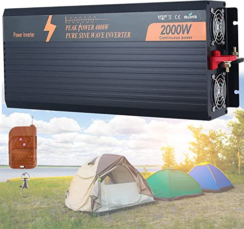 Pure Sine Wave Inverter, Car Voltage Converter, with 2 Sockets and 1 USB 2 Fans, Power Station, Battery Generator (2000W 24Vto220V)