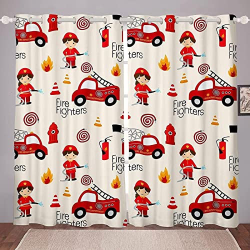 Buohwiwe Kinder Feuerwehrauto Verdunkelungsvorhänge 3D Vorhänge Blickdicht Kinder Feuerwehrauto Verdunkelungsvorhang mit Ösen für Schlafzimmer Kinderzimmer Wohnzimmer Dekoration Gardienen 183x214 cm