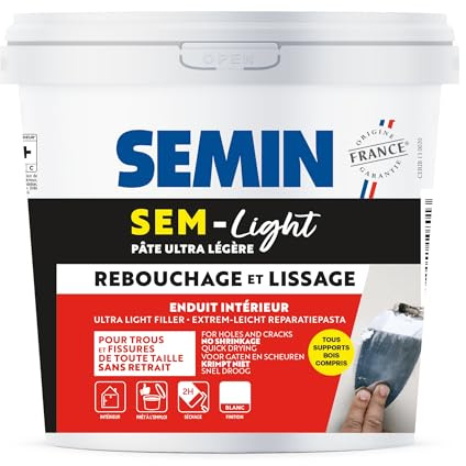 SEMIN SEM-LIGHT Enduit Léger de Rebouchage et Lissage 5 L – Sans Retrait, Séchage Rapide – Réparation Trous et Fissures – Intérieur Murs et Plafonds – Blanc Mat Prêt à l'Emploi