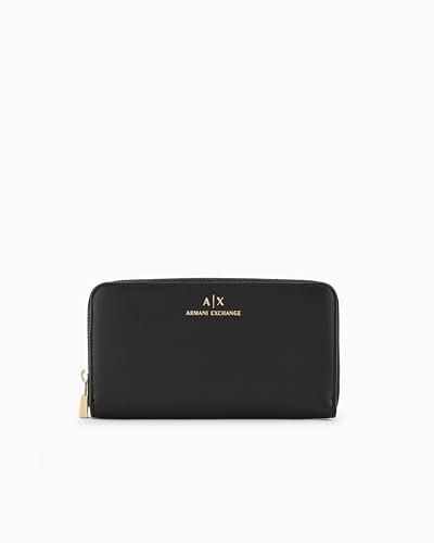 Armani Exchange Women's Jane, Sustainable, Gold Printed Logo Tri-Fold Wallet, Black, One Size