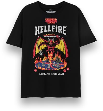 Stranger Things Maglietta Unisex | Maglietta Grafica a Maniche Corte Hellfire Club per adulti in Nero | Maglietta Dungeons and Dragons Hawkins High Club Devil & Fire | Regalo Del Programma TV Netflix