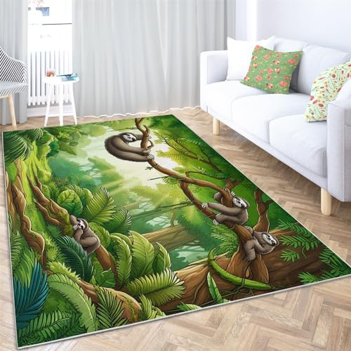 Teppich 120x170cm rutschfest Waschbar Teppich, Waldtier Faultier Druck Teppich für Dekoration Schlafzimmer Kinderzimmer Wohnzimmer Kurzflor Teppich Grün Flanell Kinderteppiche