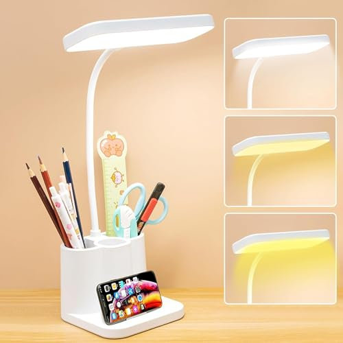 SPORWAY Lampada da LED, 3 colori, dimmabile, per bambini, ricarica USB con portapenna, collo di cigno a 360° per lettori, lavori, studiare