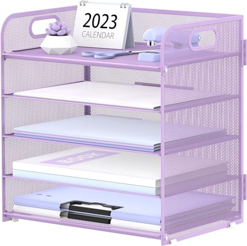 SUPTIDY Organiseur de papier avec poignée à 5 compartiments en maille filet - Organiseur de bureau - Organiseur de lettres - Trieur de papier noir pour bureau, maison ou école - Violet