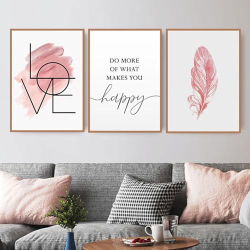 3er Set Abstrakt Poster,Mit Passenden Bildern im Farbigen Comic-Style,Bild mit rosa Federn und schwarzen Linien,Stilvolle Poster Wanddeko für Wohnzimmer & Schlafzimmer,Ohne Rahmen (70X100CM)