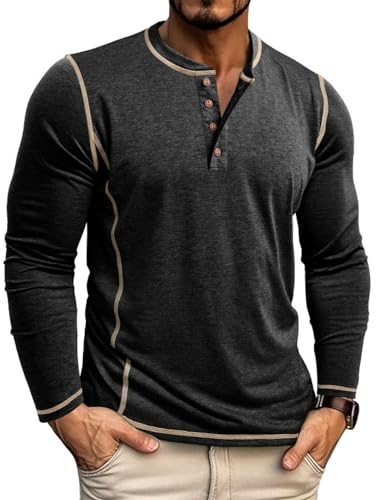 LAOARA Långärmad T-shirt för herr lång bomull Henley T-shirts med polokrage ledig T-shirt M-2XL