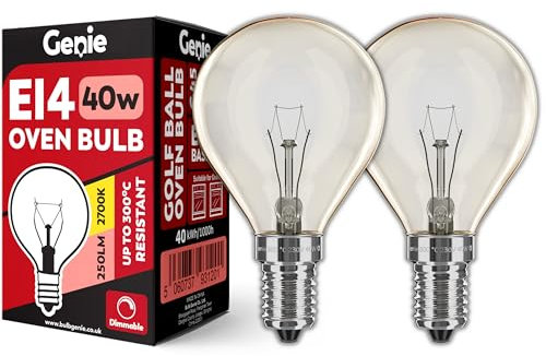 E14 Screw Oven Bulb 40W 230V SES Pygmy (Pack of 2) Oven-Rated 300°C Heat Tolerant Golf Ball Lamps for Philips, Neff, AEG, Smeg, Zanussi & Bosch Ovens (40, Watts)