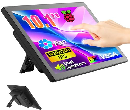 10.1 Raspberry Pi Touchscreen Monitor with Case, Raspberry Pi Screen 1920 x 1200 FHD IPS 10-Point Touch Screen for Raspberry Pi 5/4/3/Zero HDMI USB-C Portable Pi Screen with Kickstand VESA Speakers