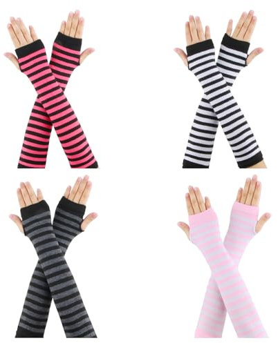 CIYIN Armstulpen Damen Gestreift, 4 Paare Fingerlose Handschuhe Lang, Arm Warmers Striped Knitted, Pulswärmer Damen, Arm Warmers y2k, für Herbst Winter