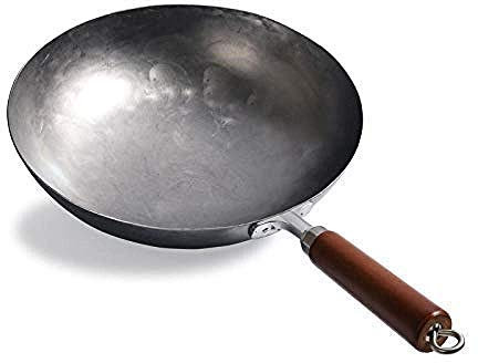 CHFYIJYHM Wok Cinese Domestico Wok Non Rivestito, Manico in Legno di Acciaio al Carbonio forgiato a Mano e Anello di Sollevamento 30 cm