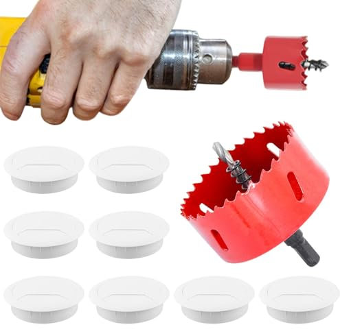 Mivanta 8 Stück Kabeldurchlass 60mm Weiß Glanz mit Lochsäge – Kabeldurchführung Schreibtisch Weiß für Arbeitsplatte, Möbel Rückwand, Durchführung Schreibtisch Rund