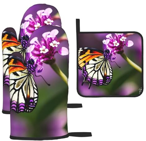 Purple Plum Butterfly Print Oven Mitts and Pot Holders Set,Cooking Mitts,Cooking Mitts and Pot Holders,Oven Gloves Set