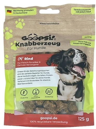 Goopsi Hunde Leckerli Rind 125g 1er Pack, Hundeleckerli getreidefrei & ohne Zucker, Hundefutter leckerlis Hund, Hundtraining Snack, Snacks auch für Große Hunde - aus Deutschland