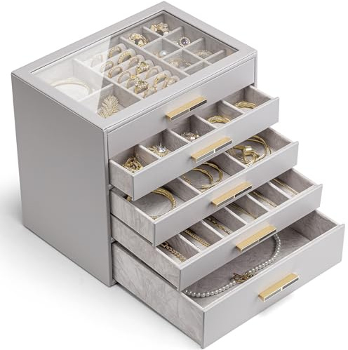 Vlando Schmuckkästchen Groß, Schmuckkasten mit 5 Ebenen, Schmuck Organizer mit Glasdeckel, 5 Schubladen,für Halsketten, Ohrringe, Uhren, Armbänder, Schmuckaufbewahrung, Modern, Cinderella Plus,Grau
