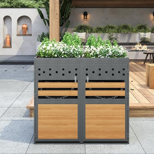 Cubo de basura exterior 2 con techo vegetal, 120-240 litros, puerta antracita aspecto madera con posibilidad de extensión, bandeja de residuos, contenedores de basura