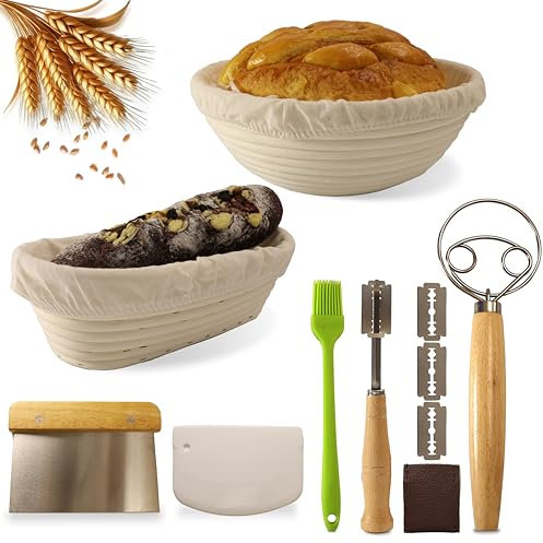 EazyBreezy Banneton Bread Proofing Basket Set 25cm Round & Oval for Sourdough Bread Baking Rattan Rising Proving Bowls with Kit Liner, Dough Whisk, Bread Lame, Dough Scraper, Brush - 2 Shapes