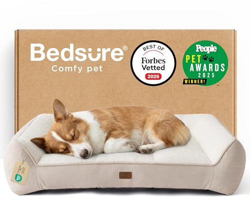 BEDSURE ergonomisches Hundebett mittelgroße Hunde - 89x63cm extra Dickes & druckentlastendes Hundesofa mit wasserdichter & wasschbarer Hülle, rutschfestes Bett mit weichem Sherpa-Plüsch, Creme
