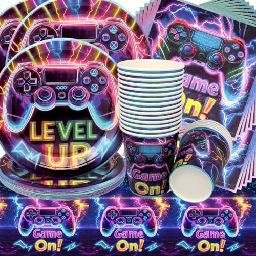 Doyomtoy Vajilla de Cumpleaños de Videojuegos, Decoración de Mesa de Cumpleaños Game Platos Servilletas Vasos para Fiesta de cumpleaños para niños 20 Invitados