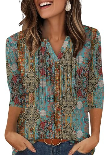 XIEERDUO Ladies Tops 3/4 Sleeve T Shirts for Women V Neck Womens Blouses Pleated Long Sleeve Tunic Black Orange Print Size 18-20