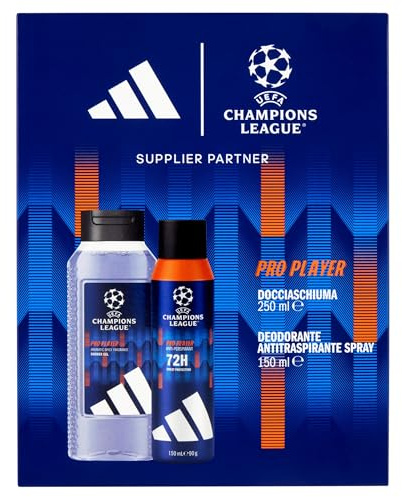 adidas, Cofanetto Regalo UEFA Champions League Pro Player, Deodorante Antitraspirante Spray per il corpo 150ml e Docciaschiuma 250ml