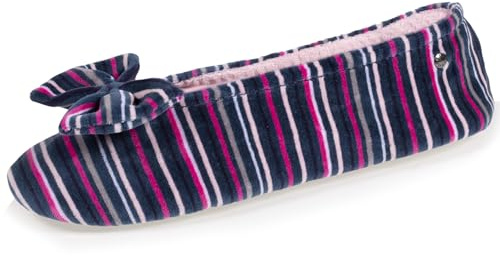 Isotoner Chaussons pantoufles Ballerines femme ultra confortables, en coton biologique et semelle en cuir, détail grand nœud, 37/38, rayuresbleues