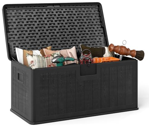 GOPLUS Coffre de Jardin Exterieur Etanche 378L,Coffre Exterieur Etanche HDPE Verrouillable Vérin à Gaz, Poignée, Banc 2 Personnes,Charge 200KG pour Balcon Piscine (Noir,130x64x59CM|378L)