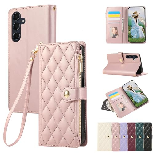 Vaitasy Fodral för Samsung Galaxy A17 PU-läder Dragkedja Plånboksfodral för Galaxy A17 Magnetiskt Flip Stand Case Cover Rose Guld