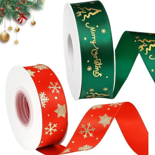 BrKern Geschenkband Weihnachten, 2 Rollen Satin Schleifenband Rot Und Grün, 2,5 cm Breite, 25 Yards Pro Rolle, Ideal Für Weihnachten Basteln, Geschenkverpackung Und Weihnachtsdekoration