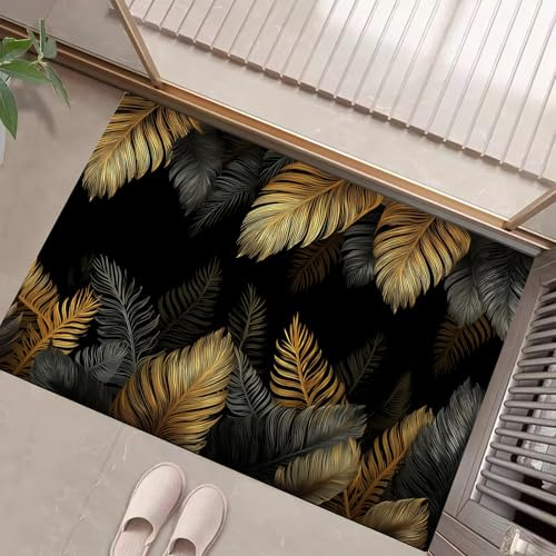 JEDTAKCT Felpudo Hojas De Palma Metálicas Alfombra De Entrada Lavable Interior Plantas Medievales Pequeña Alfombra Antideslizante Retro Suave Fina para Cocina Baño Dormitorio 80X120Cm Oro Negro