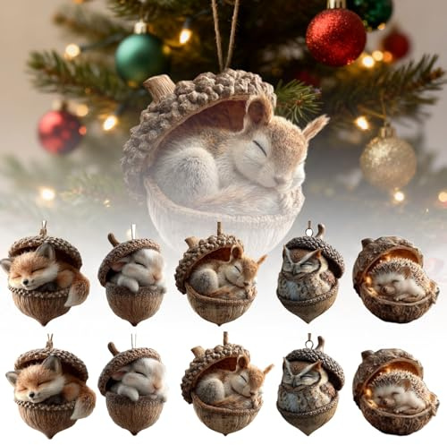 10PCS Waldtiere Eichels Ornaments, Acryl Tiere Aus Tannenzapfen Weihnachtsbaumschmuck Deko, 2D-flaches Acryl Waldtiere Figuren Weihnachtsdeko Baumschmuck (Brown C)