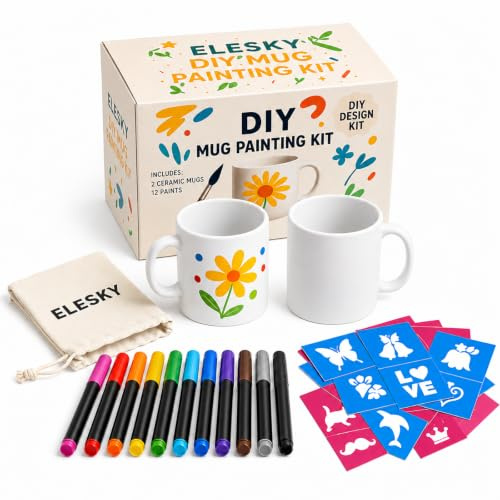 ELESKY Tassen Bemalen Set für Anfänger 2 Keramikbecher | 12 Porzellanstifte, 24 Motive & Stifttasche, Keramik Bemalen Set für Kinder und Erwachsene, DIY Geschenk